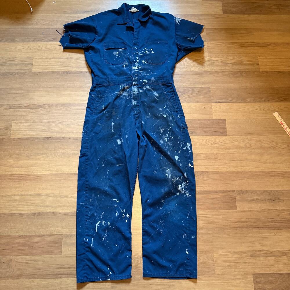 Men's Vintage 80's Sears Navy Blue Cut-Off Sleeve Bib Coveralls Sz 40 Reg Medium